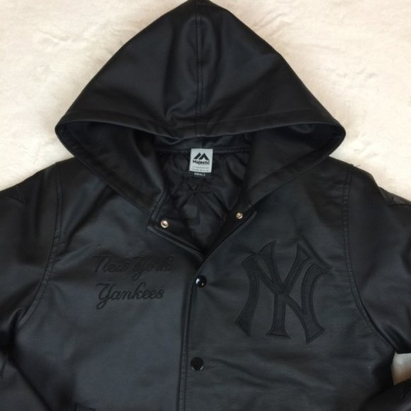 Yankees Faux Leather Hooded Quilt Bomber Jacket S - Picture 3 of 8